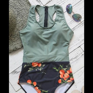 Green and Orange Print XL Monokini Zipper